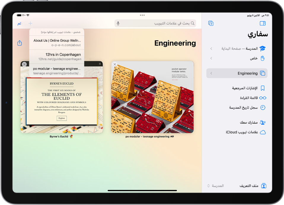 في تطبيق سفاري، مجموعة علامات التبويب مفتوحة. في الجزء العلوي الأيسر من الشاشة، زر علامة تبويب جديدة محدد، وتظهر قائمة بثلاث علامات تبويب مغلقة مؤخرًا.