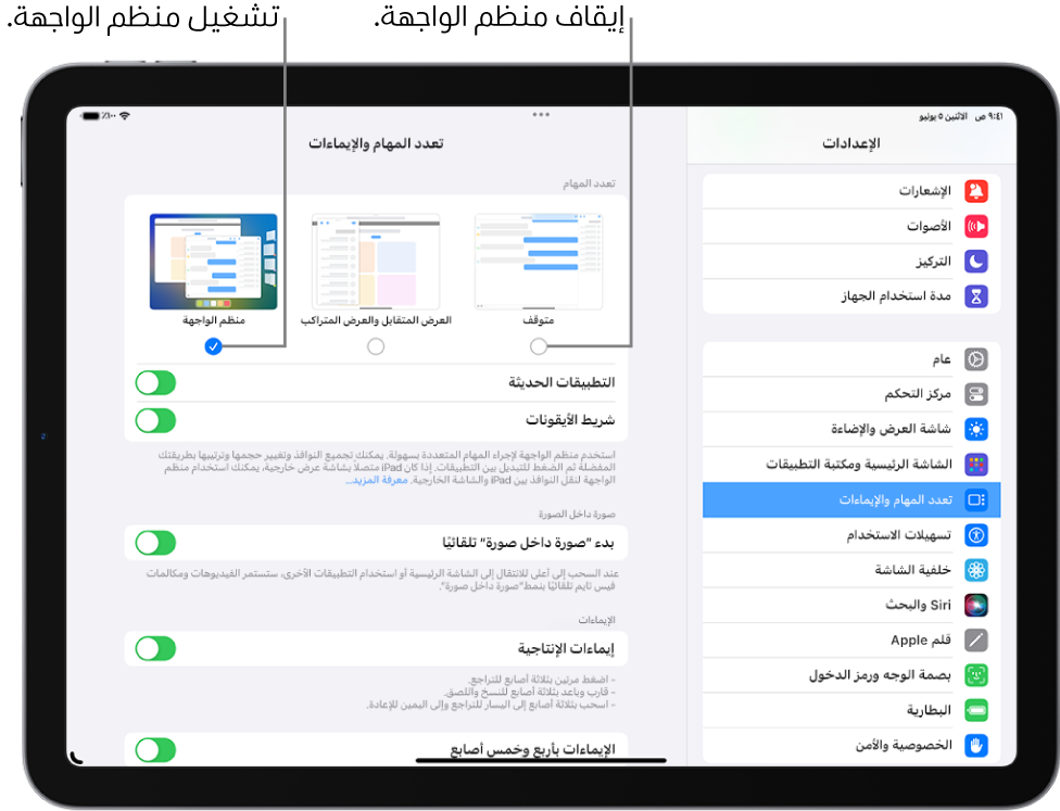 شاشة iPad تعرض عناصر التحكم لتشغيل أو إيقاف منظم الواجهة، وإخفاء أو إظهار قائمة التطبيقات الحديثة عندما يكون منظم الواجهة قيد التشغيل، وإخفاء أو إظهار شريط الأيقونات عندما يكون منظم الواجهة قيد التشغيل.