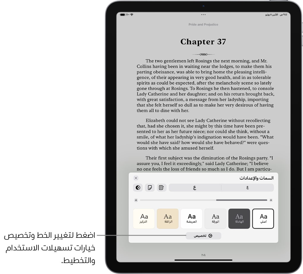 صفحة من كتاب في تطبيق الكتب. خيارات السمات والإعدادات تعرض عناصر التحكم في حجم الخط وطريقة عرض التمرير ونمط قلب الصفحة والسطوع وأنماط الخط.