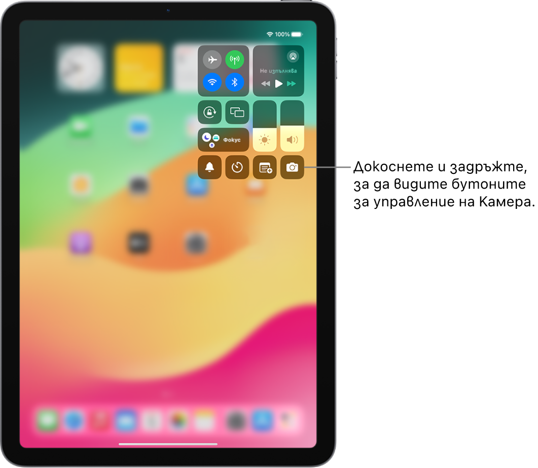 Контролният център на iPad. Бутоните за управление на режим полет, мобилни данни, Wi-Fi и Bluetooth са в горната лява група в Контролния център на iPad модели Wi-Fi + Cellular. Долу вдясно е бутонът за управление на Камера.