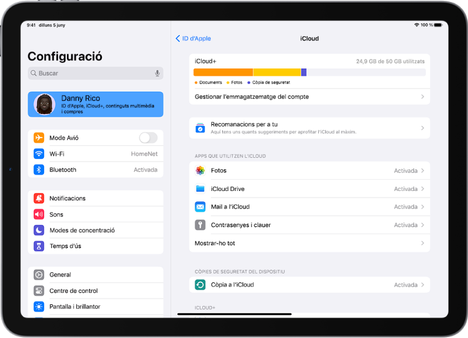 Pantalla de configuració de l’iCloud amb l’indicador d’emmagatzematge a l’iCloud i una llista d’apps i funcions que es poden utilitzar amb l’iCloud.