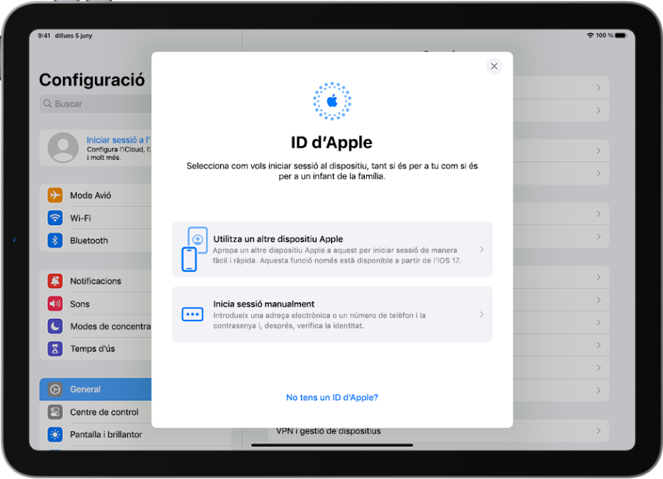 La pantalla de configuració, amb el quadre de diàleg per iniciar la sessió amb l’ID d’Apple al mig.