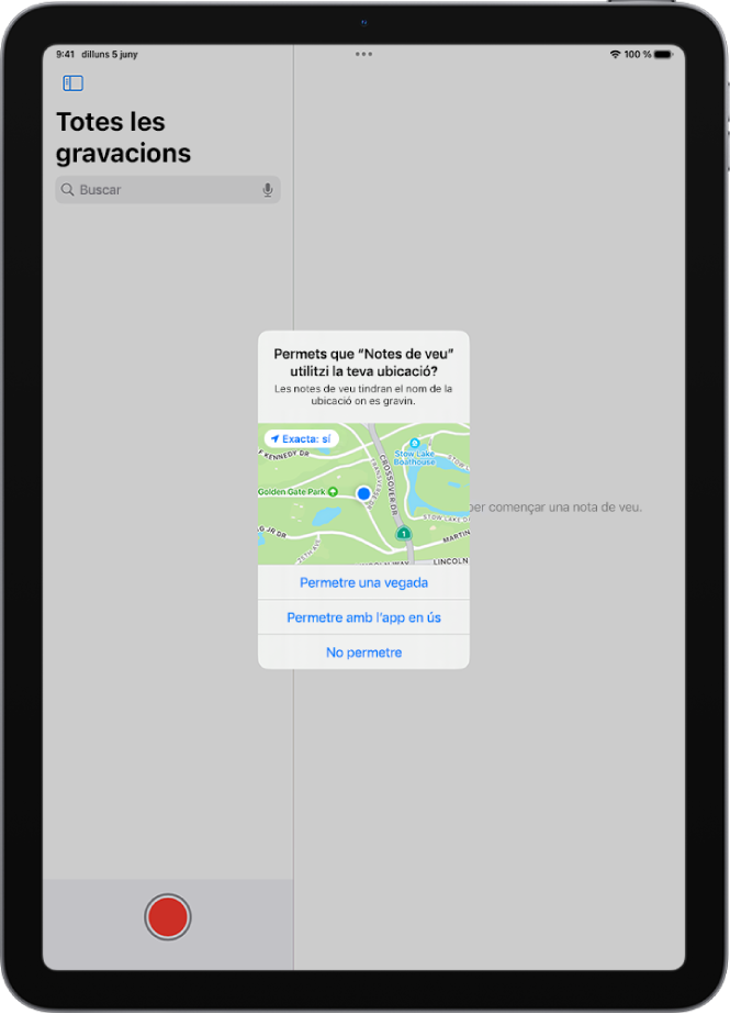 La sol·licitud d’una app per utilitzar les dades de la ubicació a l’iPad. Les opcions són: “Permetre una vegada”, “Permetre amb l’app en ús” i “No permetre”.