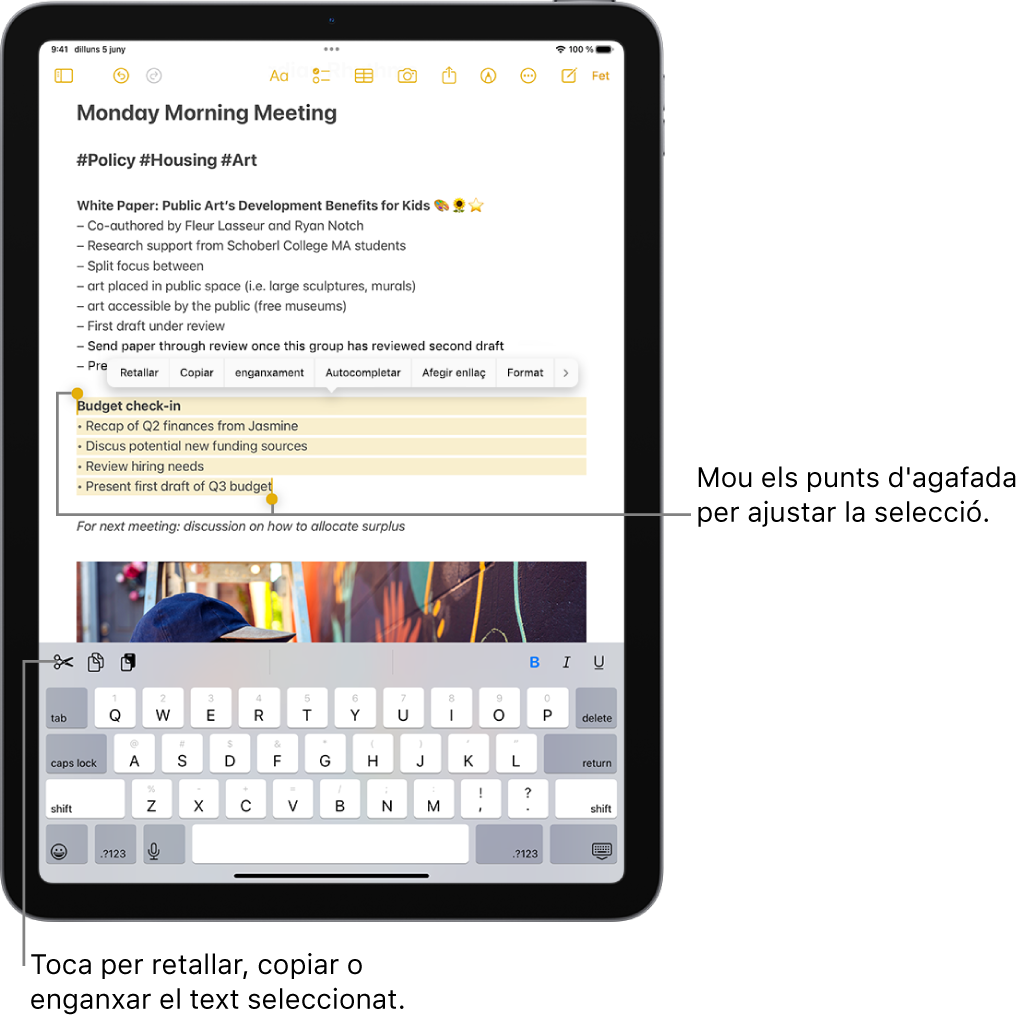 En una nota de l’app Notes se selecciona un fragment de text. A sobre del text seleccionat hi ha un menú amb els botons de retallada, còpia i enganxada, entre d’altres. El text seleccionat està ressaltat, i a cada extrem té un punt d’agafada per ajustar la selecció.