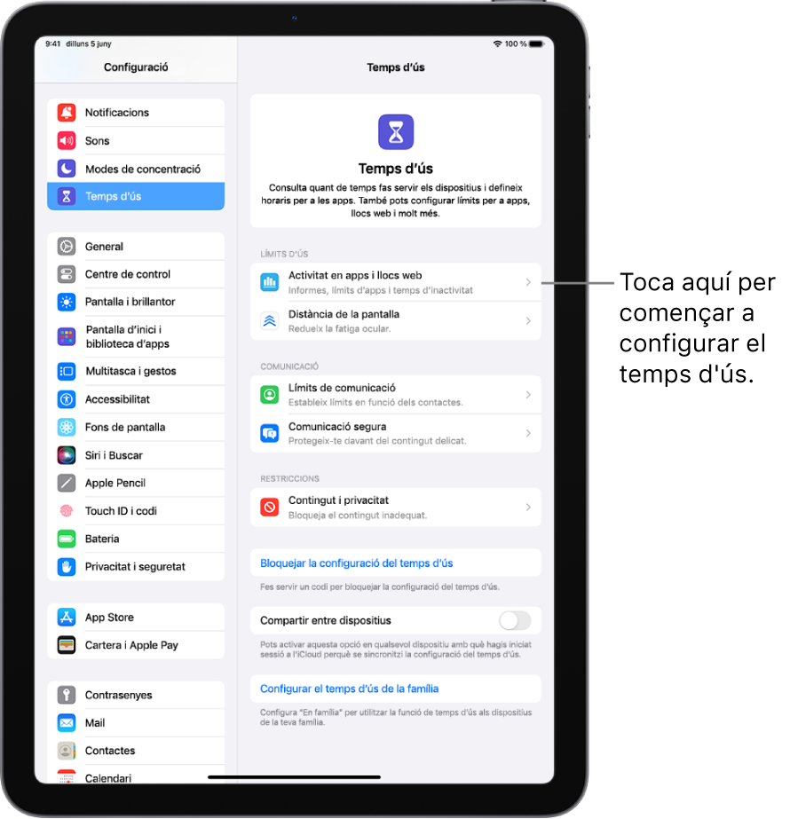 Pantalla de configuració del temps d’ús en què es mostra com toques “Activitat a les apps i als llocs web” per començar.