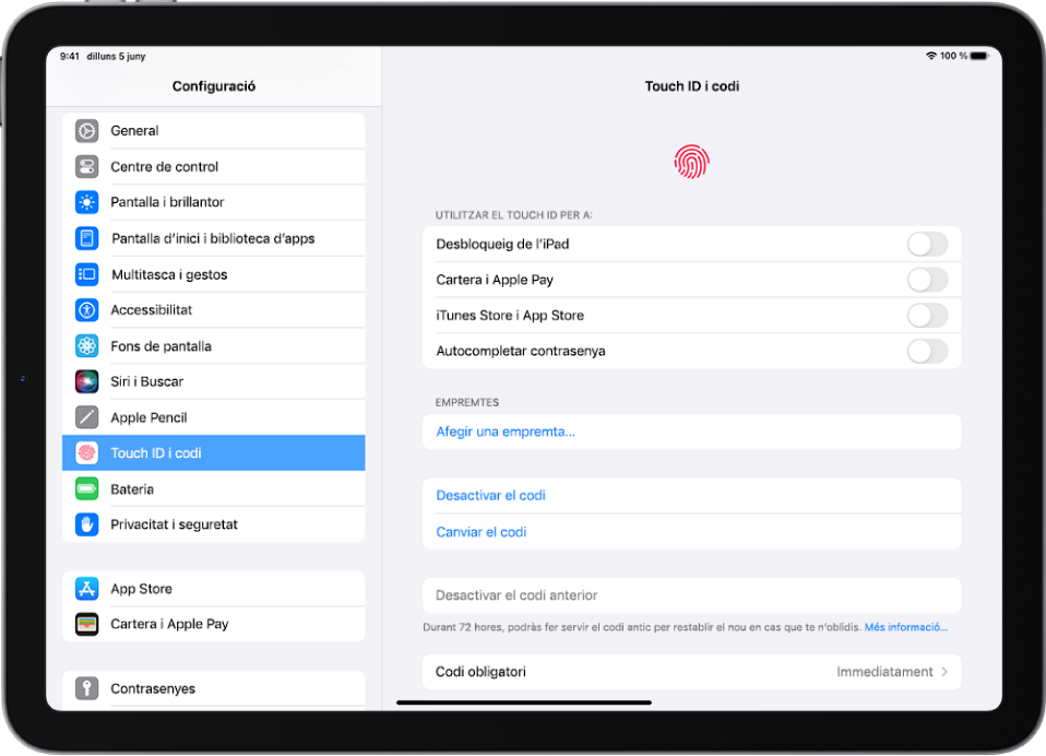 A la barra lateral de configuració, al costat esquerre de la pantalla, se selecciona “Touch ID i codi”. Al costat dret de la pantalla hi ha opcions per seleccionar quines funcions es poden desbloquejar amb el Touch ID. Les opcions “Desbloqueig de l’iPad”, “Cartera i Apple Pay”, “iTunes i App Store” i “Autocompletar contrasenya” estan desactivades.