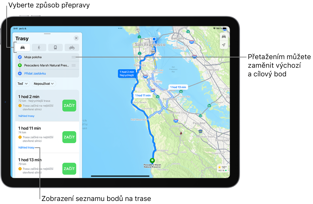 Mapa s několika trasami jízdy autem mezi dvěma místy a s volbami pro výběr jiných způsobů přepravy, prohození výchozího a cílového místa a zobrazení seznamu navigačních pokynů