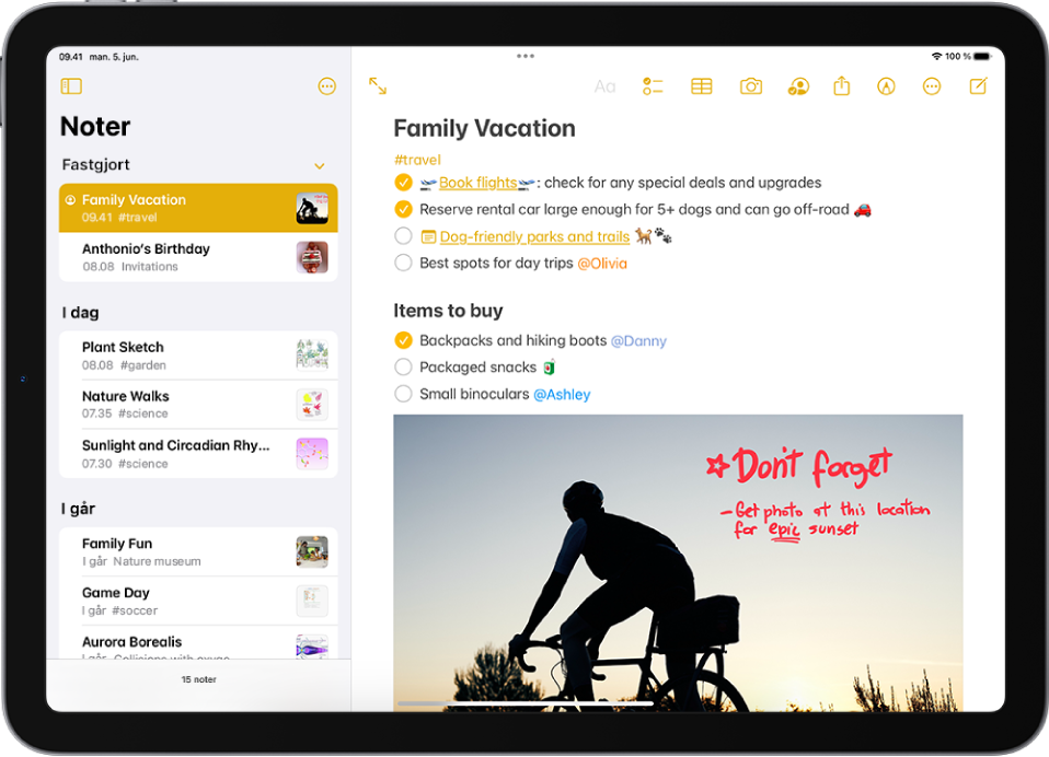 iPad i liggende retning med appen Noter åben. I indholdsoversigten vises en liste med noter. Øverst er der knapper, der bruges til at skjule indholdsoversigten og administrere mappen. Den note, der er valgt i indholdsoversigten, er åben til højre og viser huskelisten til en familieferie. Over noten er der knapper, der kan bruges til at se noten på fuld skærm, formatere tekst, tilføje en tjekliste, tilføje en tabel, tilføje et foto, dele noten, vise håndskriftsværktøjer, administrere noten og oprette en ny note.