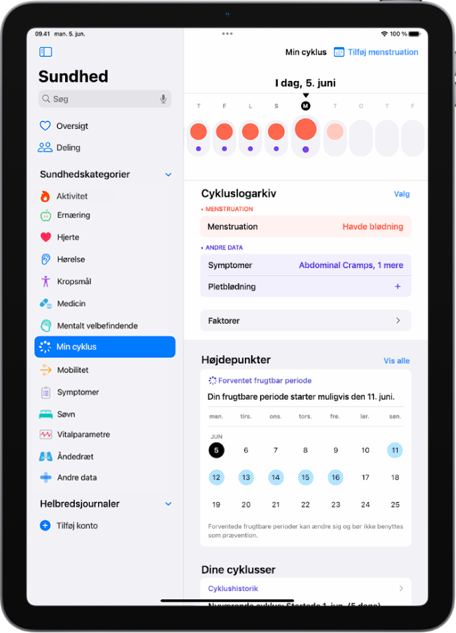 Øverst på skærmen Min cyklus vises tidslinjen for en uge. Udfyldte røde cirkler og lilla prikker markerer de første 5 dage på tidslinjen. Under tidslinjen er der muligheder for at tilføje oplysninger om menstruationer, symptomer m.m.