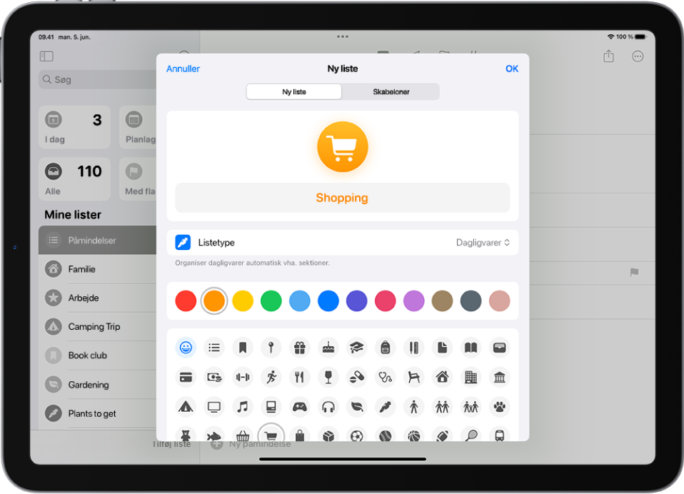 Skærmen til oprettelse af en ny liste i Påmindelser. Du kan tilpasse navnet, listetypen, farven og symbolet.