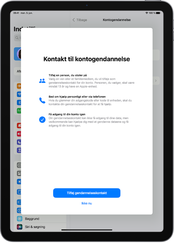 Skærmen Kontakt til kontogendannelse med oplysninger om funktionen. Knappen Tilføj gendannelseskontakt er placeret nederst