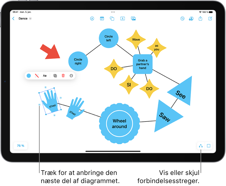 Et diagram på en Freeform-tavle med forbindelsesstreger, der vises på en valgt figur, og figurformateringsværktøjerne, der er synlige ovenover.