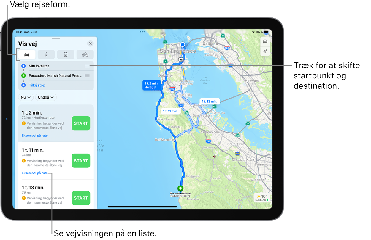 Et kort, der viser flere kørselsruter mellem to steder med mulighed for at vælge andre rejseformer, skifte startpunkt og destination og se vejvisning som en liste.