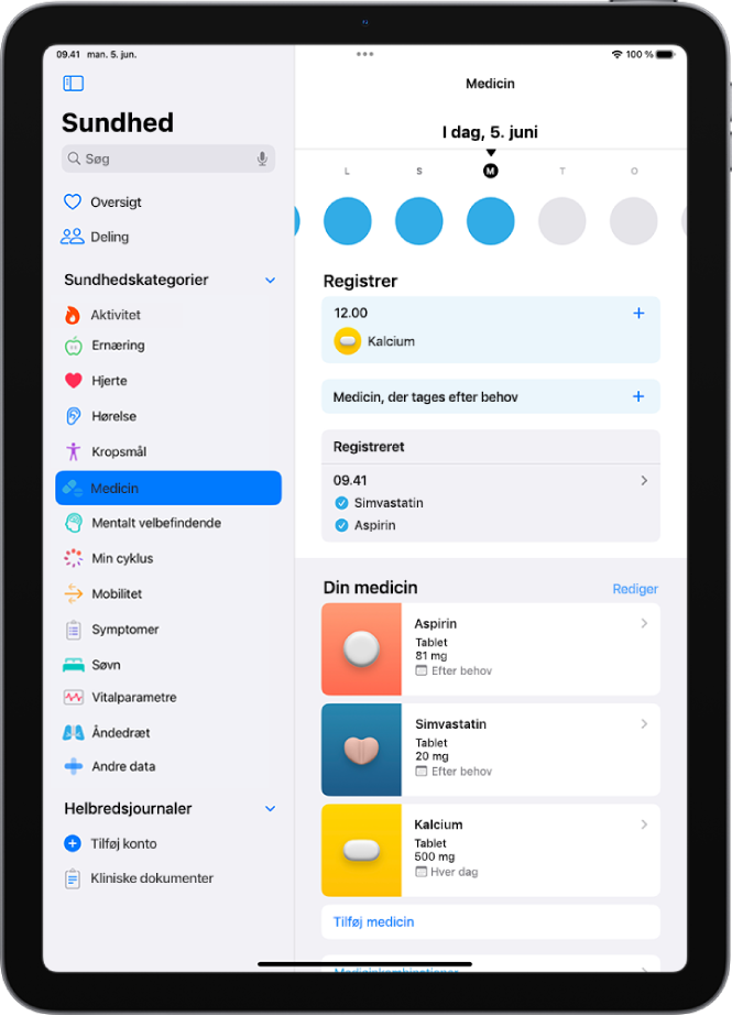Skærmen Medicin i Sundhed viser datoen og et logarkiv for medicin.