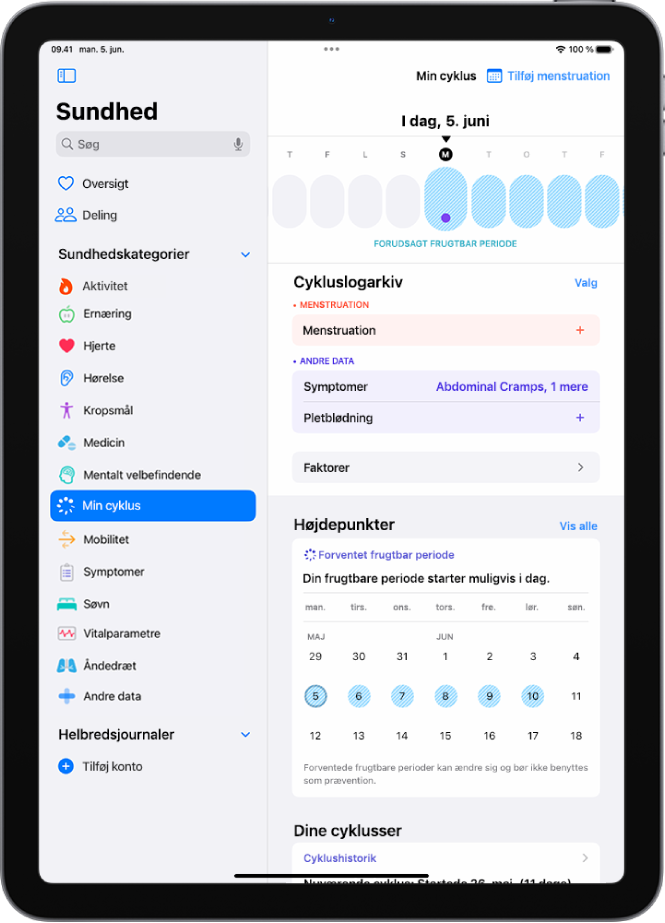 Skærmen Min cyklus med en tidslinje tæt på den øverste del af skærmen viser en forventet frugtbar periode.