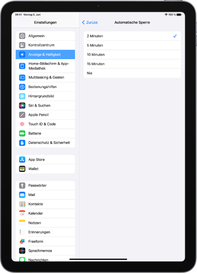 Der Bildschirm „Automatische Sperre“ mit Einstellungen für die Zeitspanne vor der Aktivierung der automatischen Sperre auf dem iPad.