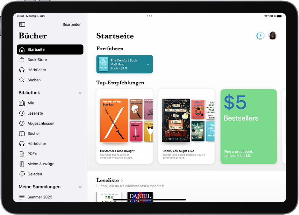 Der Home-Bildschirm in der App „Bücher“ zeigt die Bereiche für aktuell und zuletzt gelesene Bücher und die Leseliste.