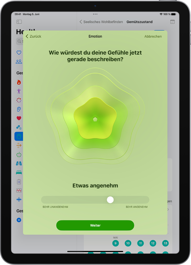 Ein Bildschirm mit der Stimmungsangabe „Ganz gut“ in der App „Health“. Unten auf dem Bildschirm befindet sich ein Regler zum Anpassen der Stimmungsintensität.