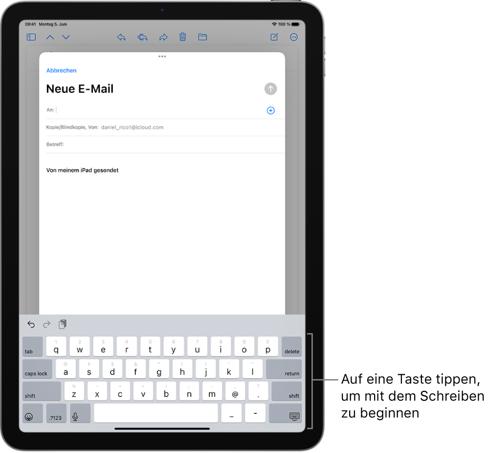 Eine leere E-Mail ist in der App „Mail“ geöffnet. Die Bildschirmtastatur befindet sich in der unteren Bildschirmhälfte.