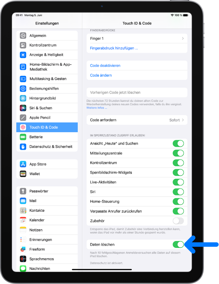 Die Option „Daten löschen“ im unteren Bereich des Bildschirms „Touch ID & Code“ in der App „Einstellungen“.