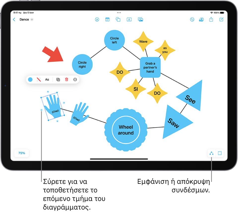 Ένα διάγραμμα σε έναν πίνακα Freeform, με συνδέσμους που εμφανίζονται σε ένα επιλεγμένο σχήμα, και ορατά τα εργαλεία μορφοποίησης σχημάτων από πάνω.