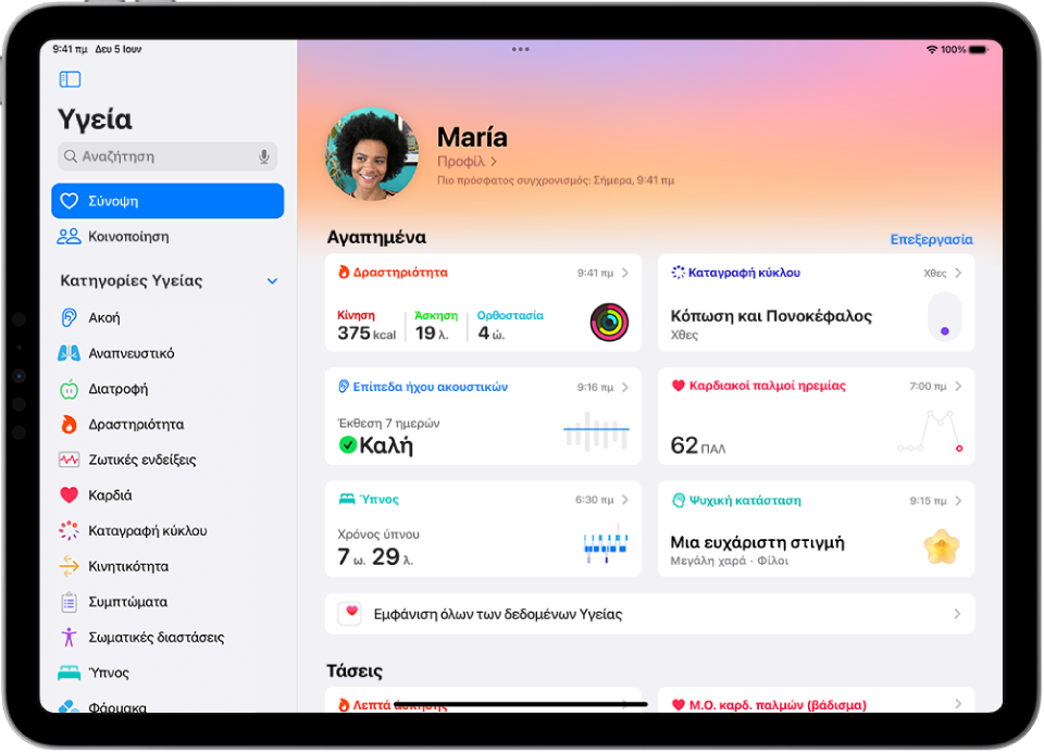 Η οθόνη «Σύνοψη» στην Υγεία. Πληροφορίες σχετικά με τη δραστηριότητα, τα επίπεδα ήχου ακουστικών, τον ύπνο, την καταγραφή κύκλου, τους καρδιακούς παλμούς ηρεμίας και τα βήματα εμφανίζονται κάτω από τα Αγαπημένα.