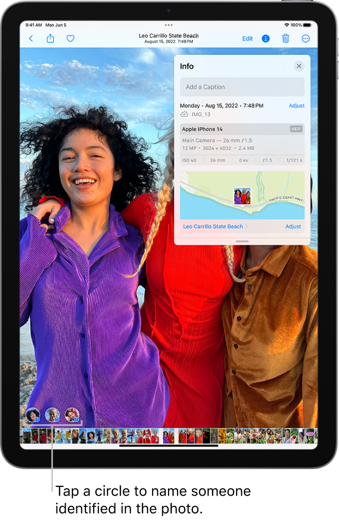 The Photos app showing a photo in full screen. At the top of the screen, the following photo information is displayed: the date and time, the filename, the device and camera settings used to take the photo, and a map showing where the photo was taken.