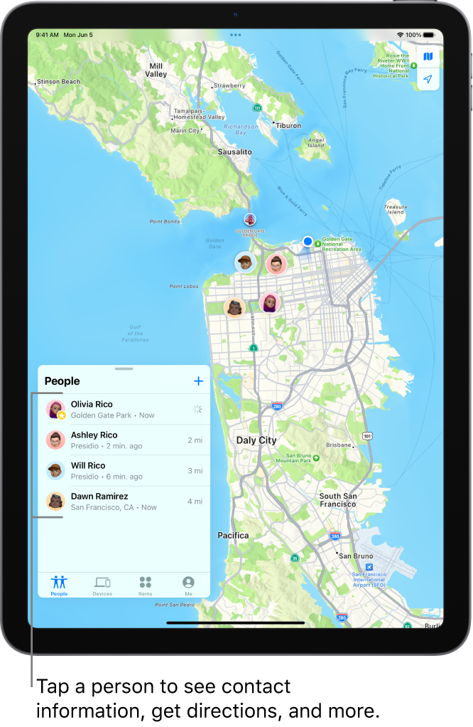 “查找我的”屏幕将打开“人员”列表。名单上有四个人：阿什利·里科、奥利维亚·里科、道恩·拉米雷斯和威尔·里科。他们的位置显示在旧金山的地图上。