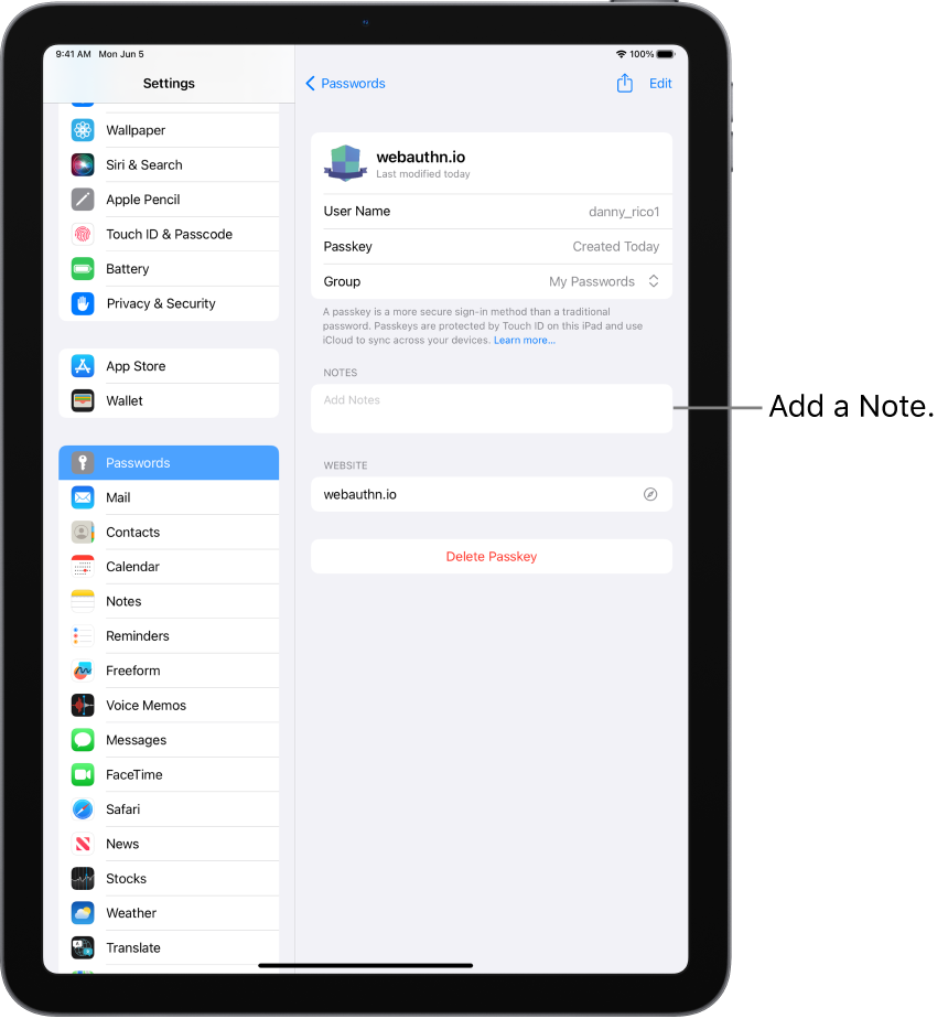 Passwords settings, showing information for a passkey and a field to enter a note.