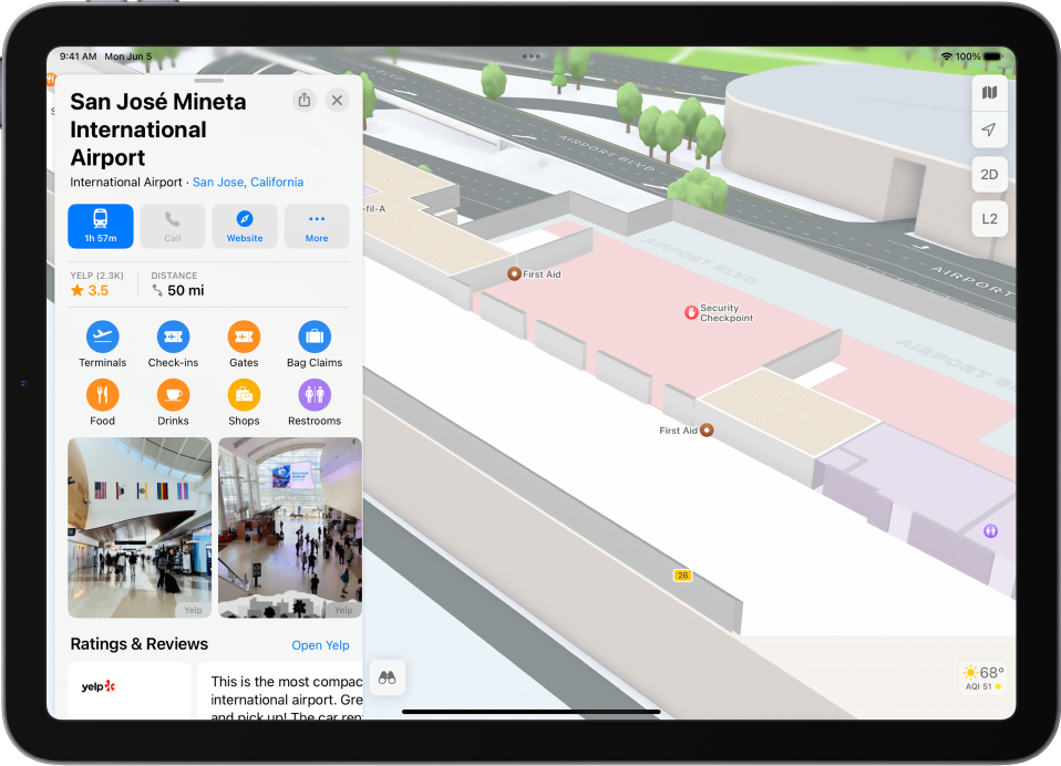 An indoor map of an airport terminal. The map shows a gate, restroom, security checkpoint, and first aid. You can change levels of multistory maps using the button marked L2 (for Level 2).