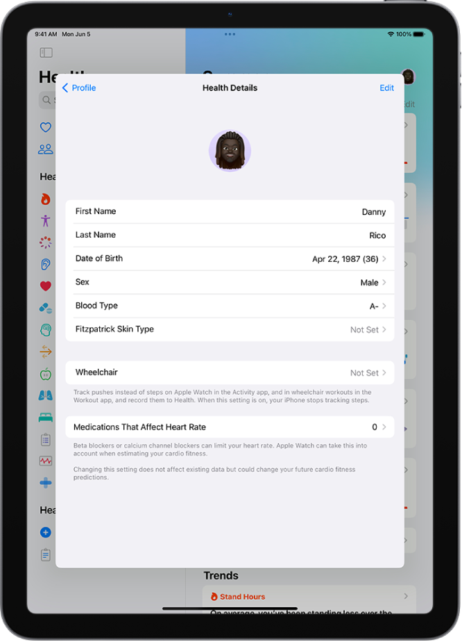 The Health Details screen, which includes fields for name, birth date, blood type, and other information.