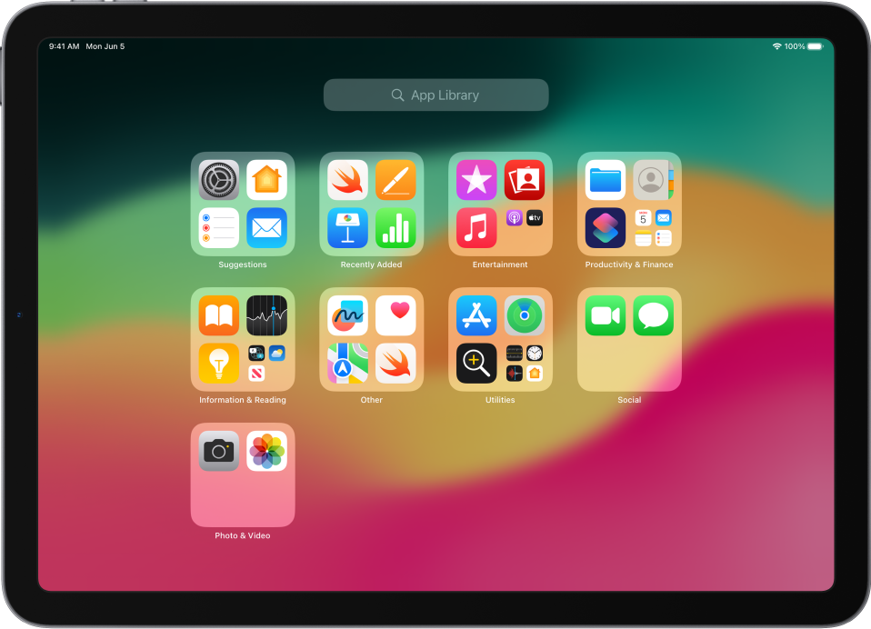 App Library on iPad showing the apps organized by category (Entertainment, Productivity & Finance, and so on).