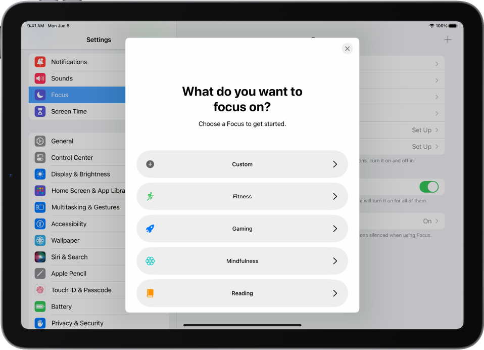A Focus setup screen for one of the additional provided Focus options, including Custom, Fitness, Gaming, Mindfulness, and Reading.