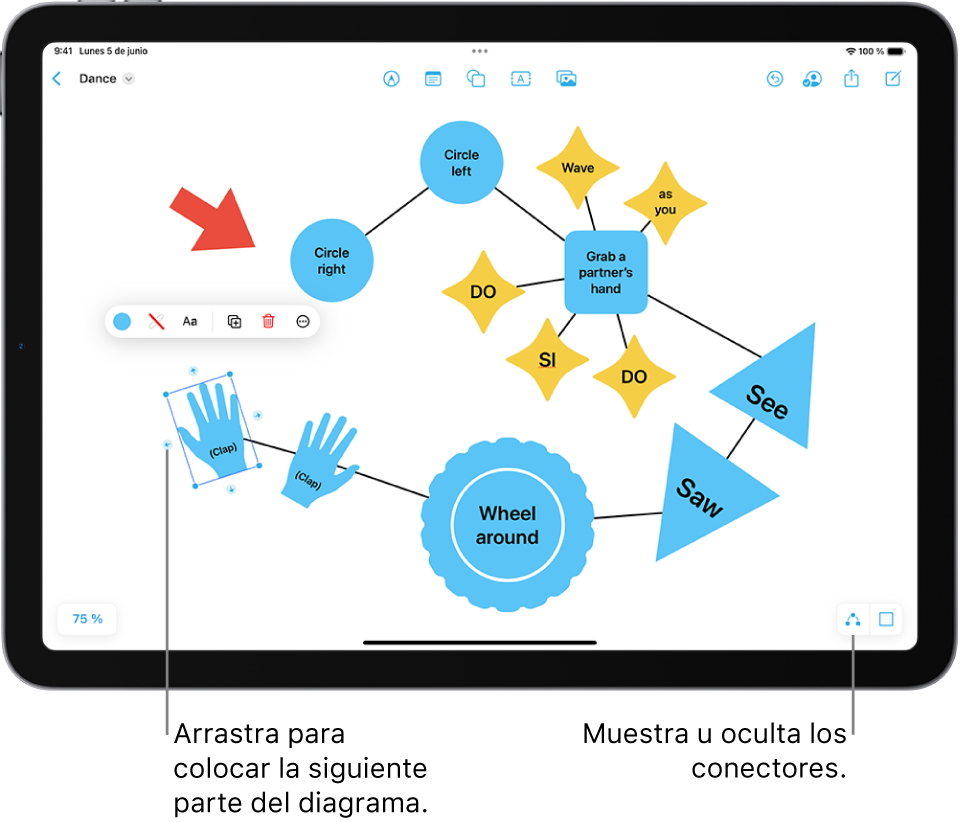 Un diagrama en una pizarra de Freeform con conectores en una figura seleccionada, con las herramientas de formato de figura visibles encima de ella.