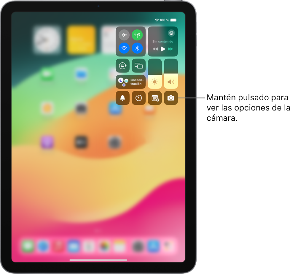 Centro de control del iPad. Los controles de modo Avión, datos móviles, Wi-Fi y Bluetooth están en el grupo de la parte superior izquierda del centro de control para modelos de iPad Wi-Fi + Cellular. El control de la cámara se encuentra en la parte inferior derecha.