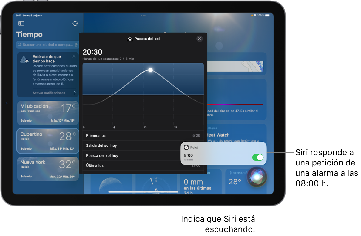 Siri en la pantalla de la app Tiempo. Abajo a la derecha, una notificación de la app Reloj muestra que se ha programado una alarma para las 8 de la mañana. Debajo, un icono indica que Siri está escuchando.