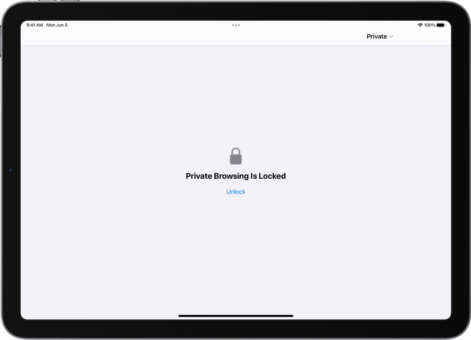 Safari on avatud režiimis Private Browsing. Ekraani keskel on sõnad Private Browsing Is Locked. Selle all on nupp Unlock.