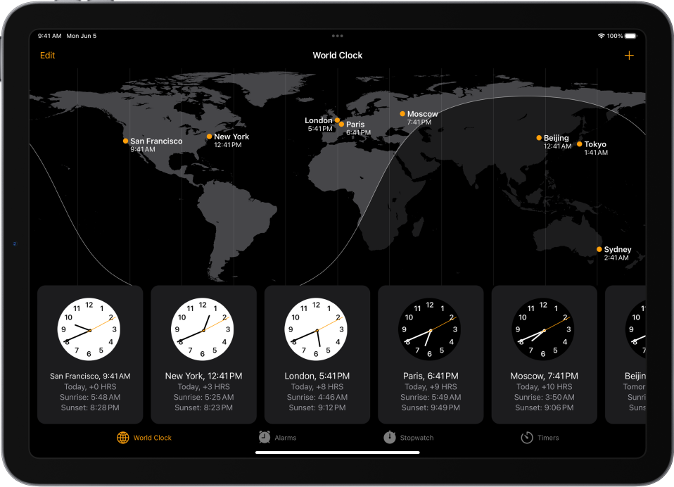 Vahekaart World Clock, kus on toodud kellaajad eri linnades. Vasakus ülanurgas olev nupp Edit võimaldab linnu kustutada. Paremas ülanurgas olev nupp Add võimaldab lisada rohkem linnu. Allosas kuvatakse nupud World Clock, Alarm, Stopwatch ja Timers.