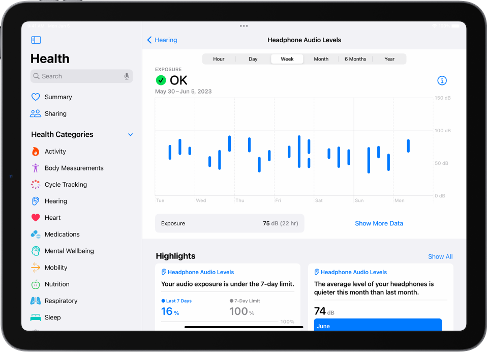 Rakenduse Health kuva Hearing, kus on toodud erinevad kõrvaklappide helitasemed nädala jooksul.