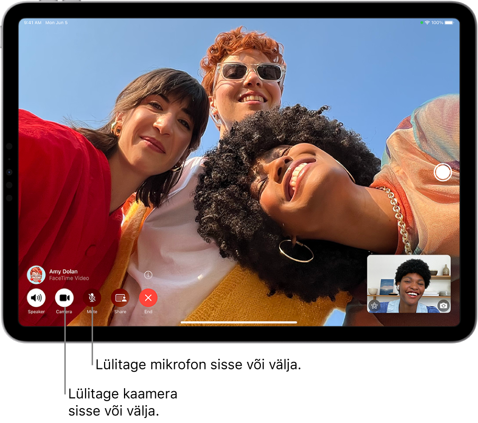 FaceTime-kuva poolelioleva kõnega. Helistaja pilt kuvatakse all paremal väikeses ruudus ning vastuvõtja pilt täidab ülejäänud ekraani. Ekraani allosas on FaceTime'i juhikud, sh nupud Speaker, Camera, Mute, Share Content ja End. Juhikute ülaosas on vastaspoole nimi või Apple ID.
