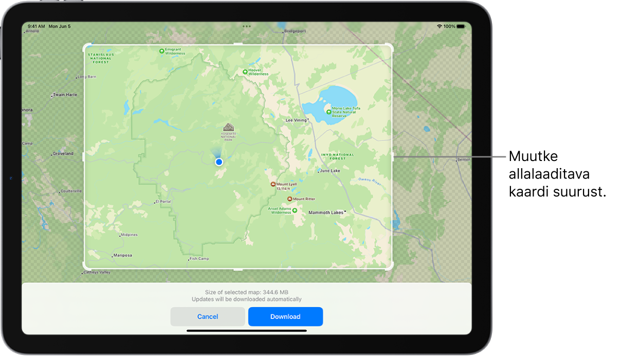 iPadi ekraanil on rahvuspargi kaart. Pargi ümber on käepidemetega raam, mida saab liigutada allalaaditava kaardi suuruse muutmiseks. Valitud kaardi allalaadimise maht on toodud kaardi allosas. Ekraanil allosas on nupud Cancel ja Download.