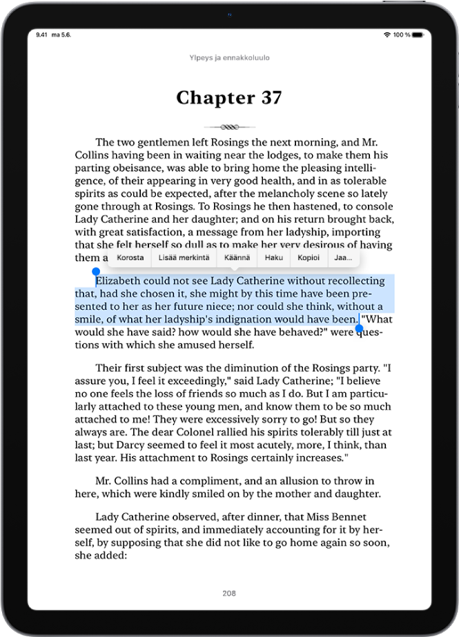 Kirjan sivu Kirjat-apissa. Osa sivun tekstistä on valittuna. Valitun tekstin päällä ovat Korosta-, Lisää merkintä-, Käännä-, Etsi-, Kopioi ja Jaa-painikkeet.