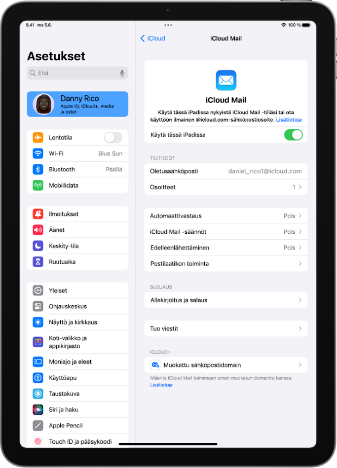 Asetukset-appi avattuna iCloud Mail -näyttöön. Muokattu sähköpostidomain näkyy näytön alareunassa.