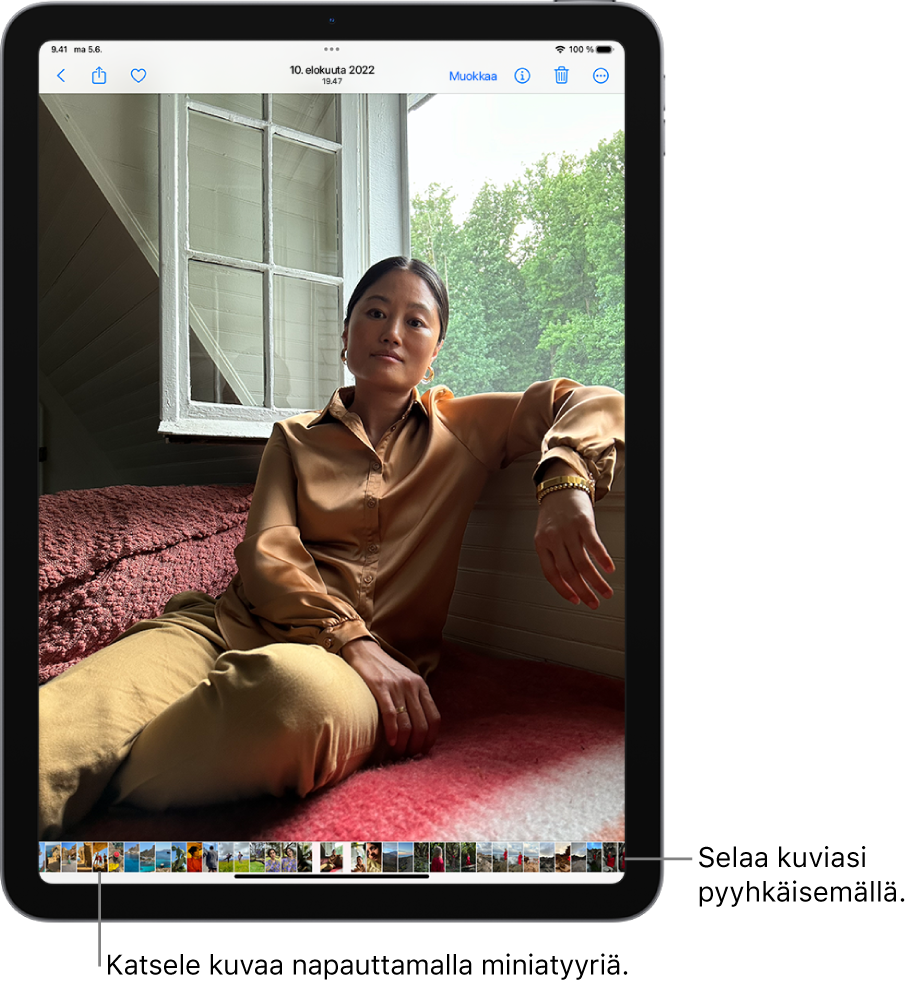 Kuvat-apissa näkyy kuva koko näytön tilassa. Näytön alareunassa näytetään kirjaston muiden kuvien miniatyyrit.