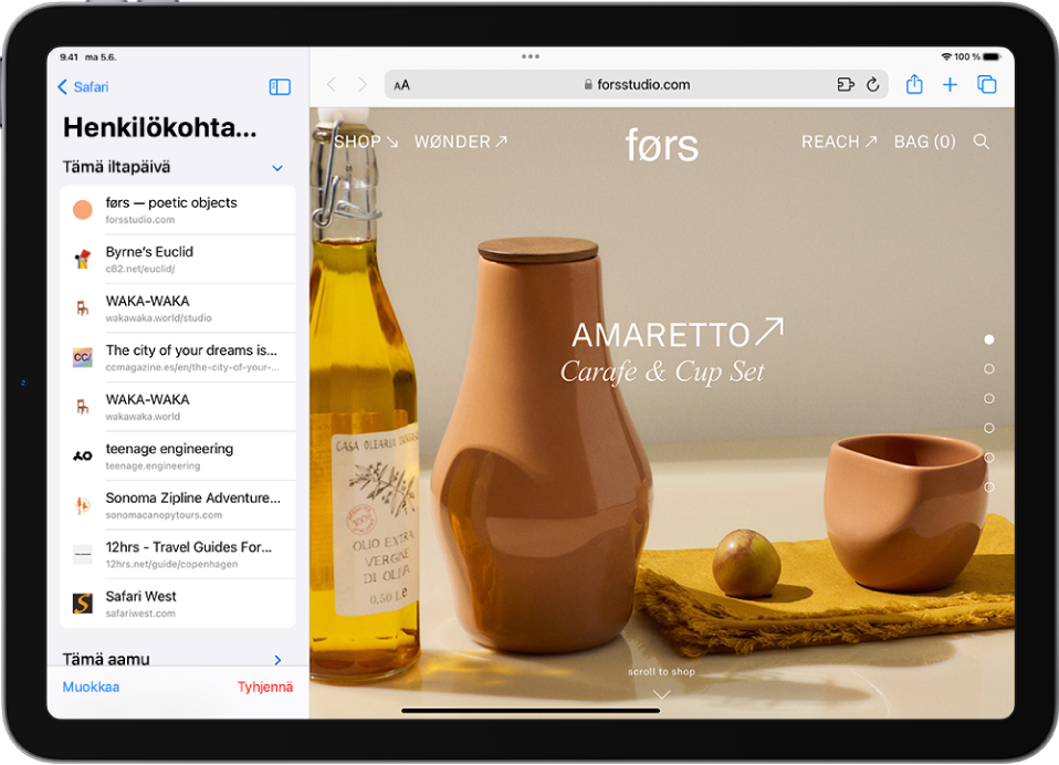 Avoin verkkosivu. Safarin selaushistoria on avoinna näytön vasemmalla puolella ja siinä näkyy äskettäin vierailemiesi verkkosivustojen luettelo ja sen alla Tyhjennä-painike.