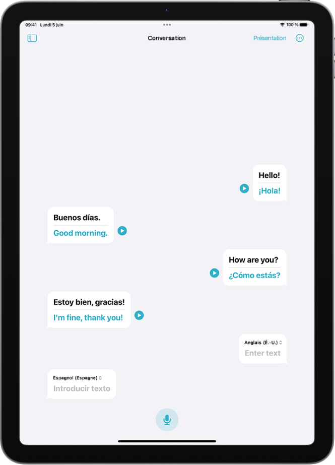 L’onglet Conversation, affichant des bulles de conversation et les traductions.