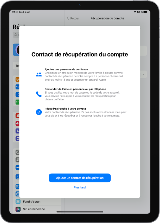 L’écran « Contact de récupération » avec des informations sur la fonctionnalité. Le bouton « Ajouter un contact » se trouve en bas de l’écran