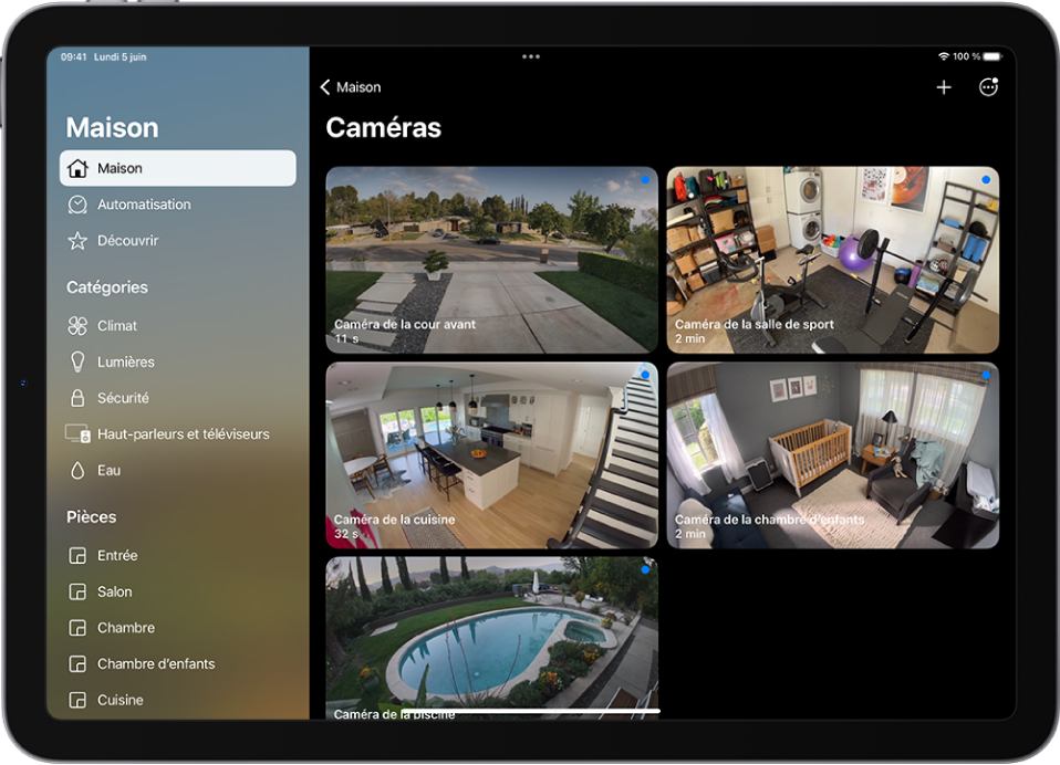 L’app Maison avec la barre latérale à gauche. Maison est mis en surbrillance. Sur la droite figurent des images de cinq caméras de sécurité.