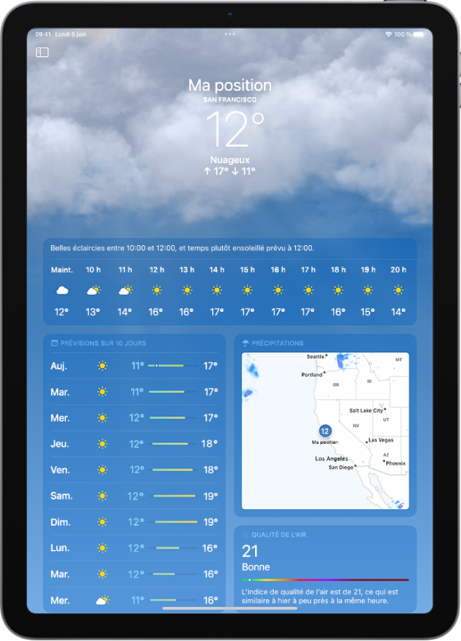 L’écran Météo affichant de haut en bas : le lieu, la température actuelle, les températures minimales et maximales du jour, les prévisions heure par heure ainsi que celles des dix prochains jours sur le côté gauche de l’écran, et une carte des précipitations et une échelle de la qualité de l’air sur le côté droit de l’écran.