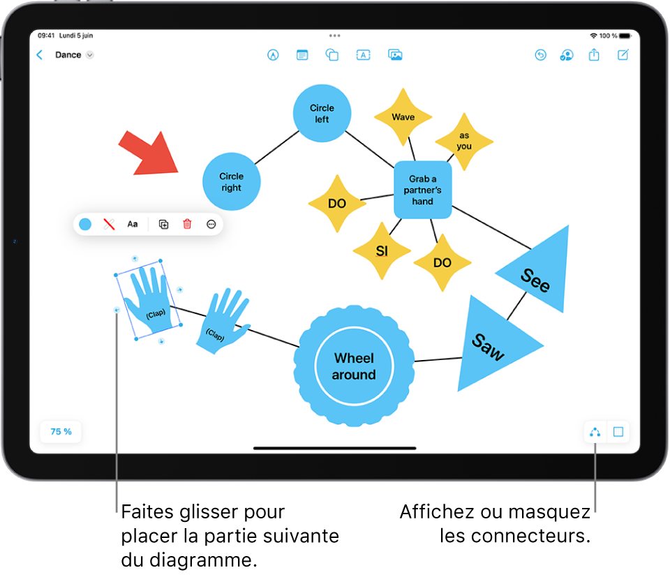 Un diagramme sur un tableau Freeform avec des connecteurs affichés sur une figure sélectionnée, et les outils de mise en forme des figures visibles au-dessus.